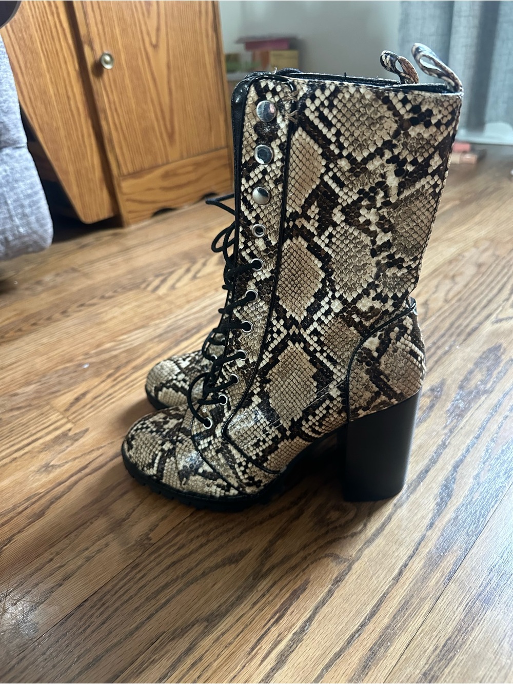 DV Dolce Vita Ayleen Heeled Lug Sole Combat Boot, Snake, Women Size 7.5